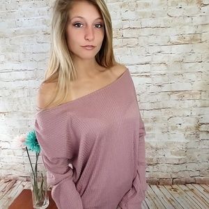 Off the shoulder waffle knit sweater